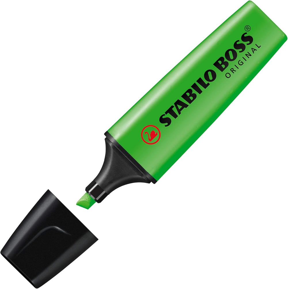 Set of four Stabilo Boss Original Green highlighters in bright green, ideal for highlighting and marking text.