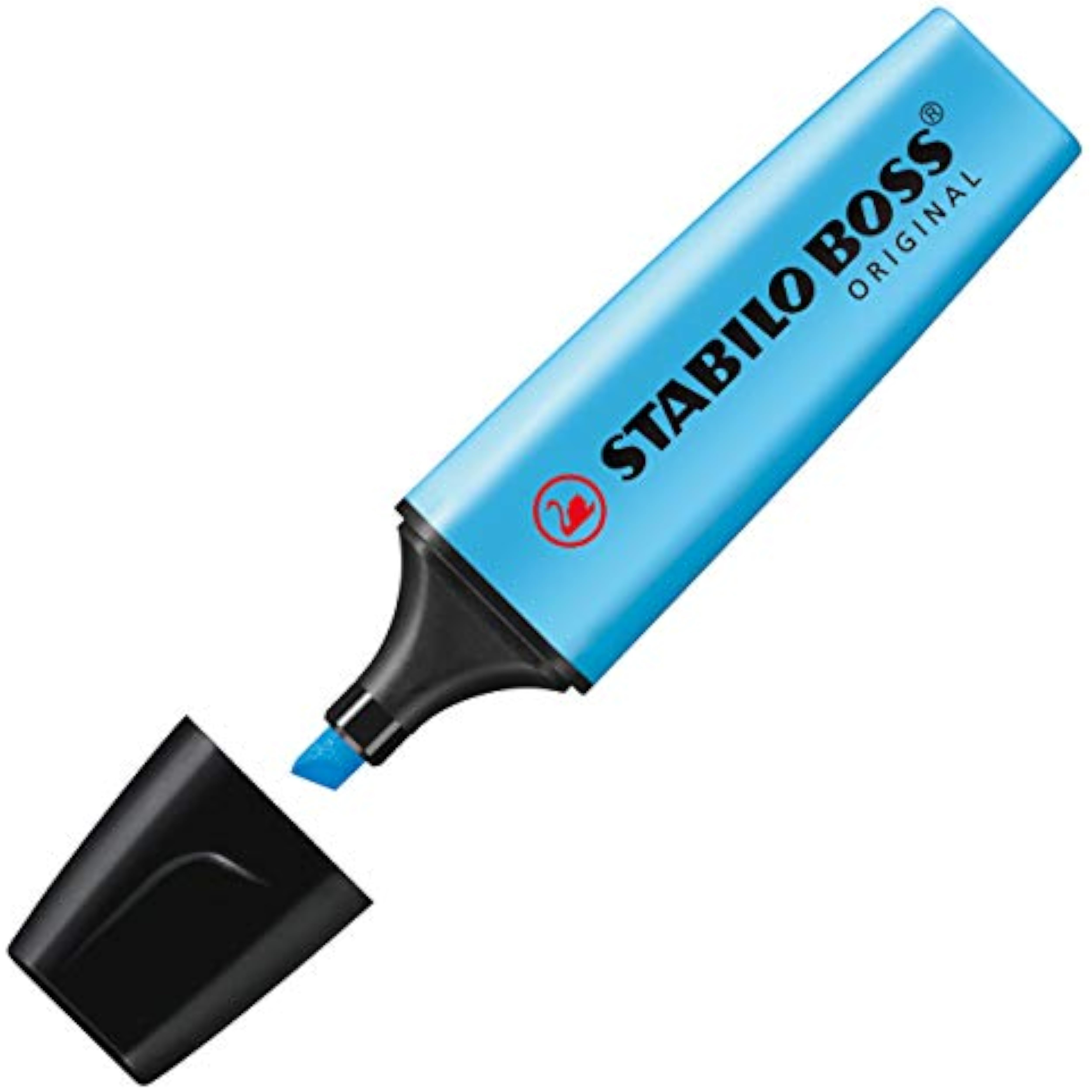 Blue Stabilo Boss Original highlighter with a chisel tip, ideal for marking text and notes on paper.