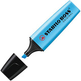 Blue Stabilo Boss Original highlighter with a chisel tip, ideal for marking text and notes on paper.