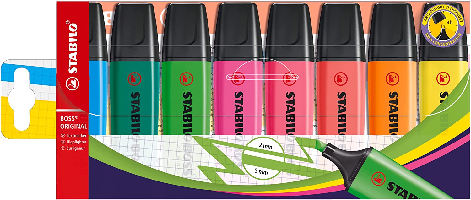 Assorted pack of 8 Stabilo Boss Original highlighters with vibrant fluorescent ink and chisel tips for highlighting and marking.