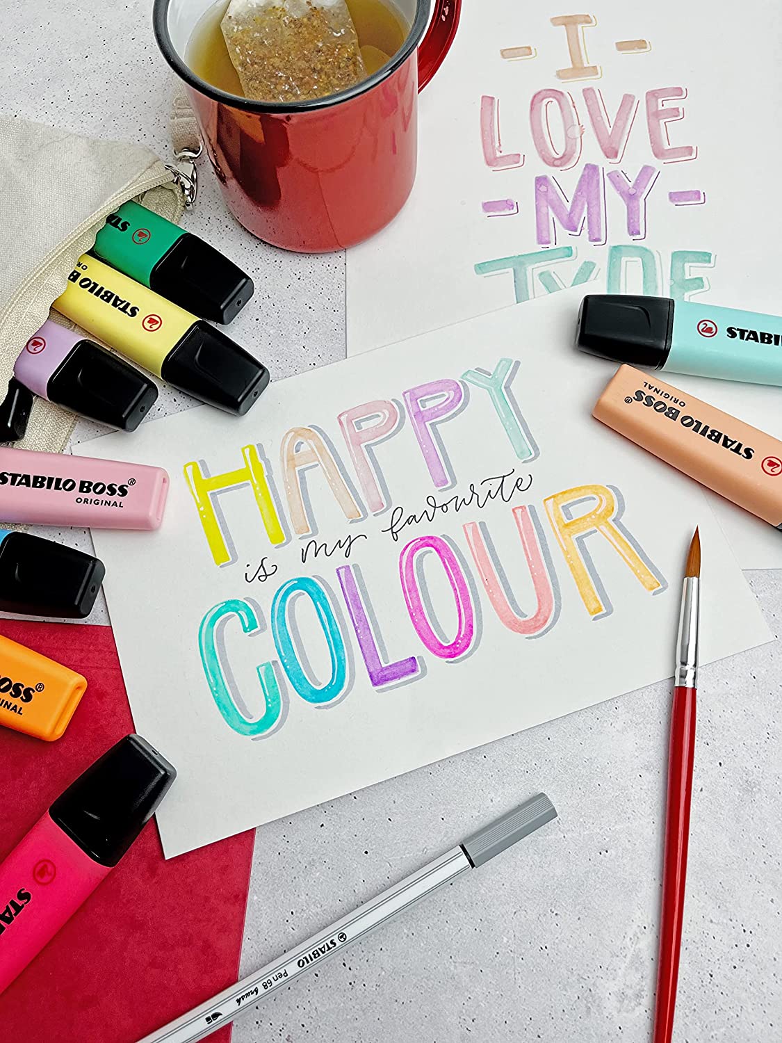 Set of 8 Stabilo Boss Original highlighters in assorted colors, featuring chisel tips for highlighting and marking text.