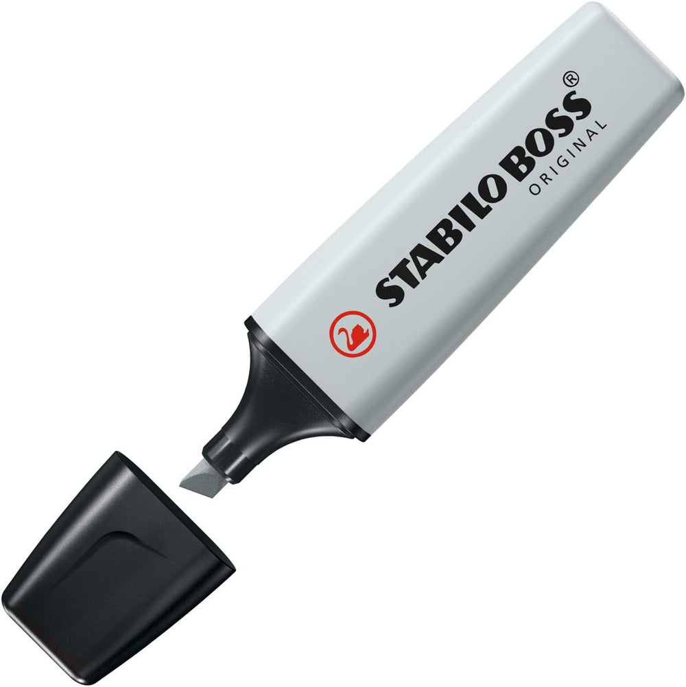 Stabilo Boss Original Pastel Dusty Grey highlighter with pastel-colored body and chisel tip for highlighting text.