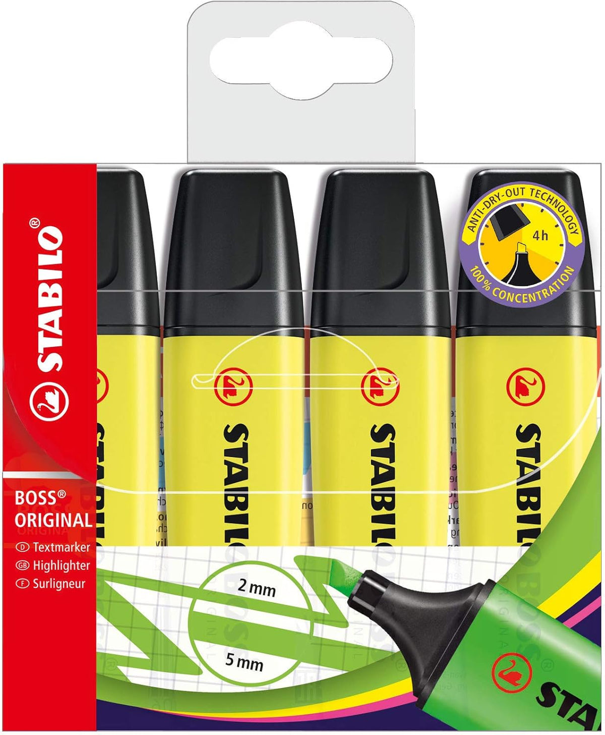 Set of four Stabilo Boss Original Yellow highlighters with bright yellow ink, ideal for highlighting and emphasizing text.