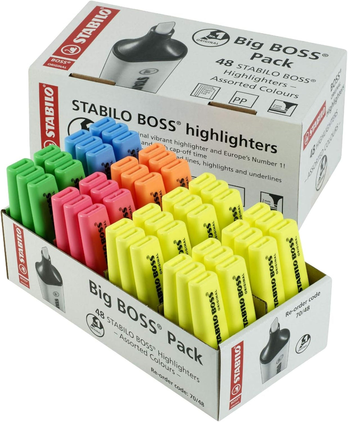 Set of 48 Stabilo Boss Chisel Tip Highlighters in five vibrant colors, perfect for highlighting and marking text.