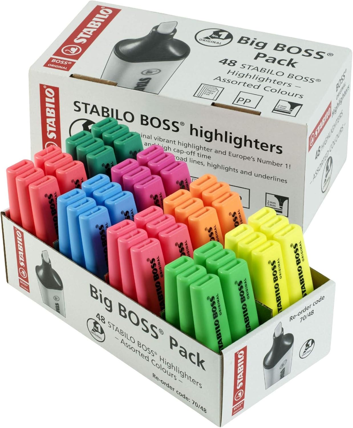 Set of 48 Stabilo UK Boss Chisel Tip Highlighters in 8 vibrant colors, perfect for highlighting and color-coding.