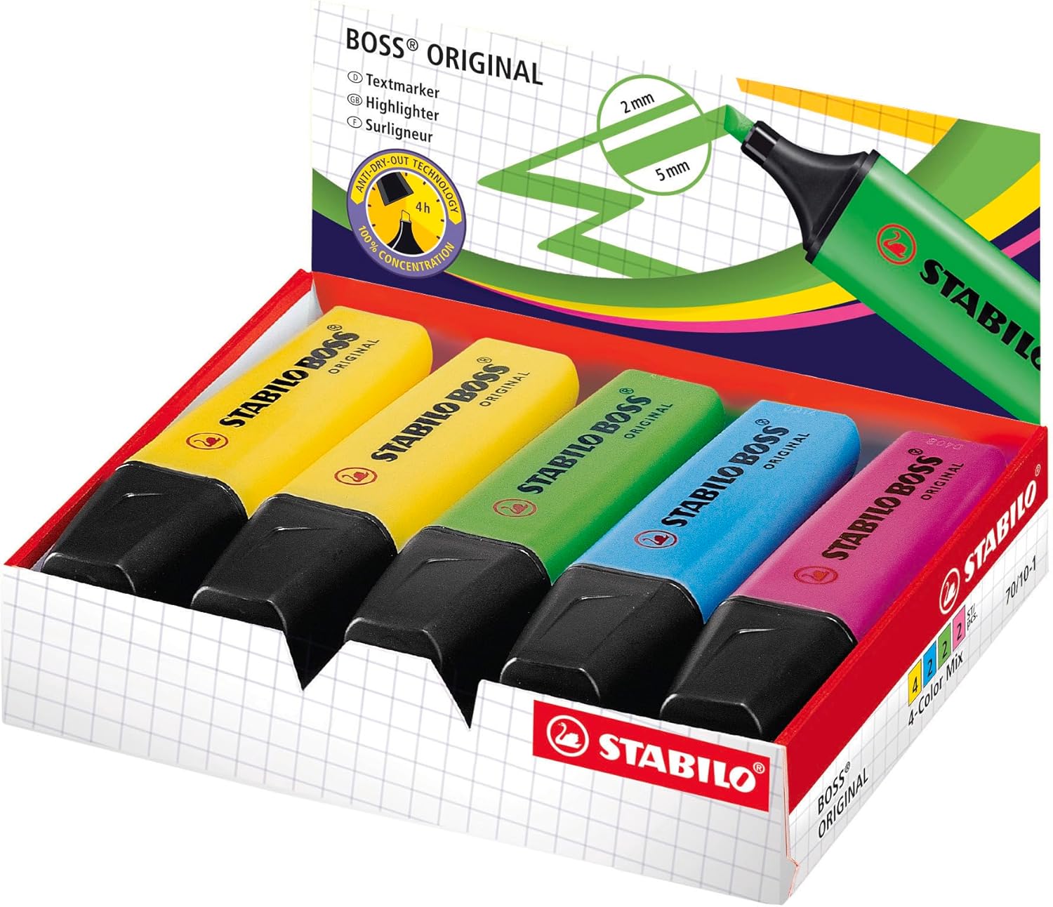 Set of 10 assorted Stabilo Boss Original highlighters in vibrant colors for office and school use.