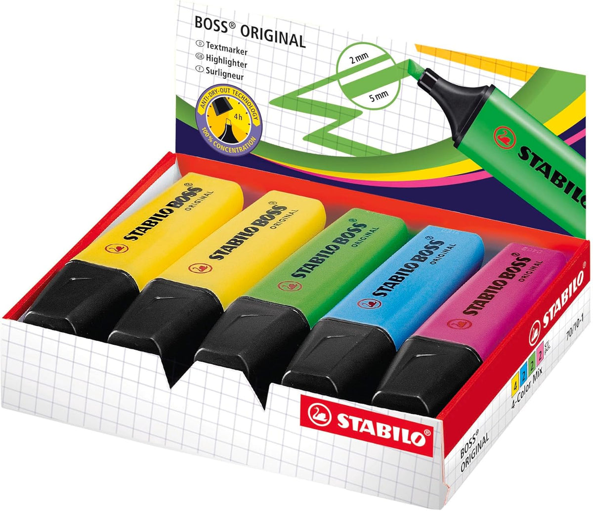 Set of 10 assorted Stabilo Boss Original highlighters in vibrant colors for office and school use.