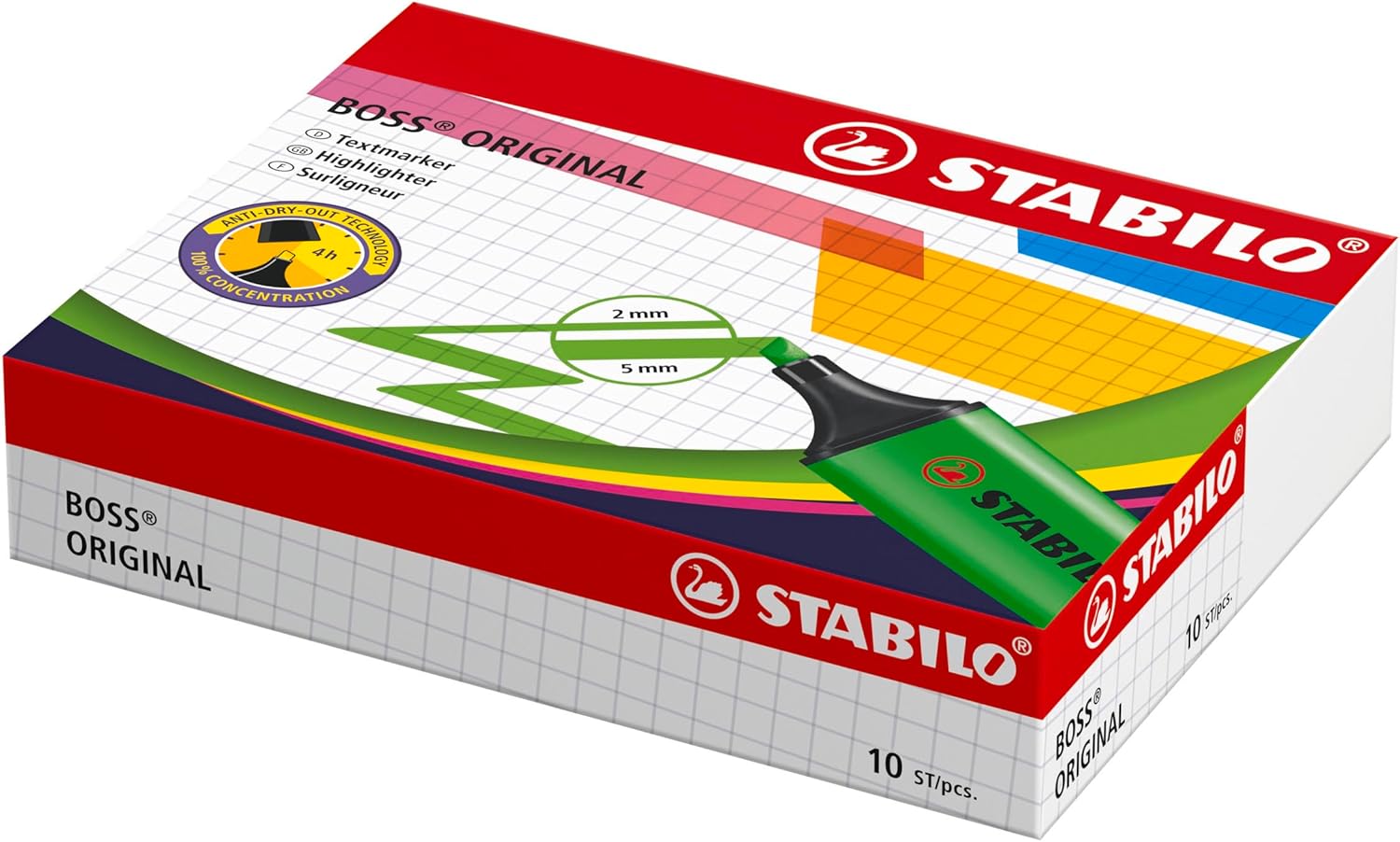 Set of 10 assorted Stabilo Boss Original highlighters in bright colors, ideal for office and study highlighting tasks.