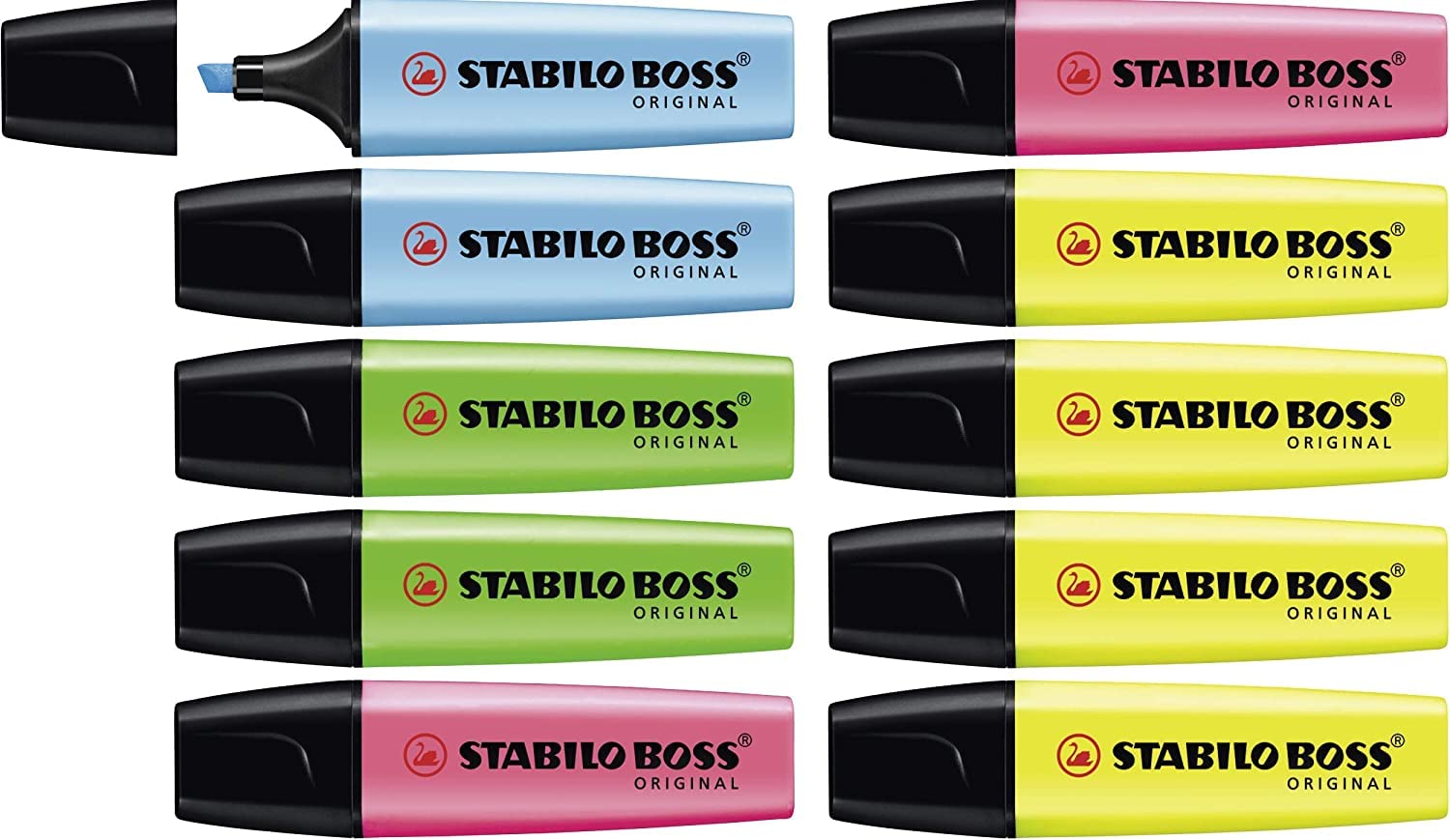 Set of 10 Assorted Stabilo Boss Original Highlighters with bright ink colors, ideal for office and study highlighting tasks.