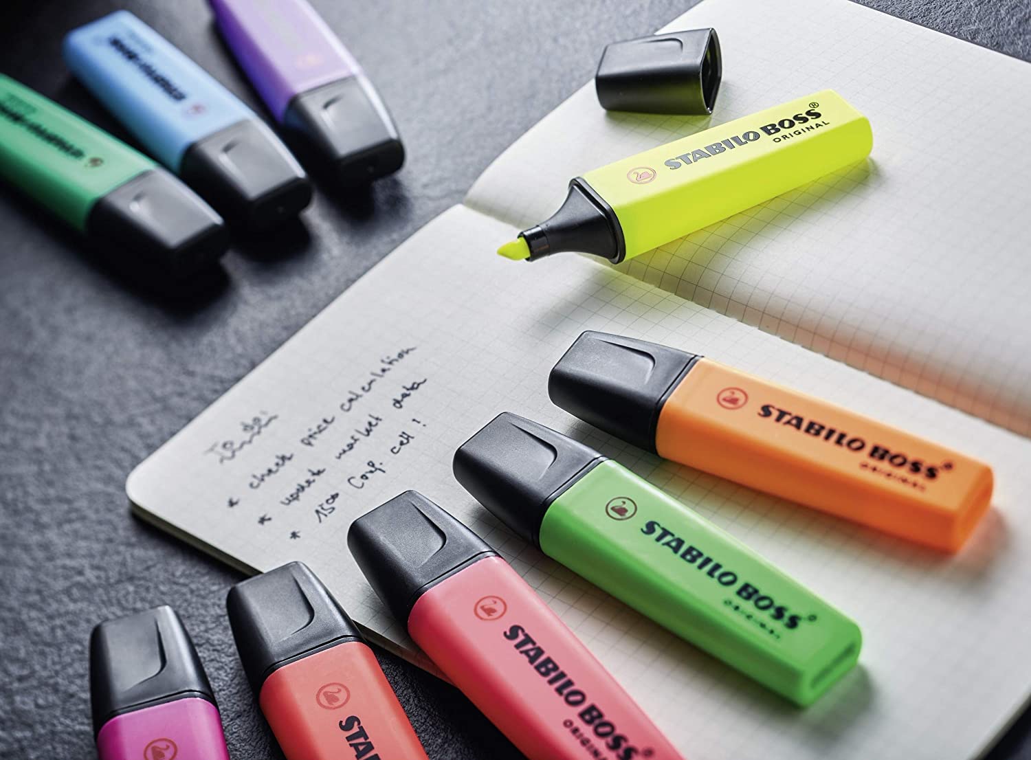 Assorted set of 10 Stabilo Boss Original highlighters in vibrant colors for office and study use.