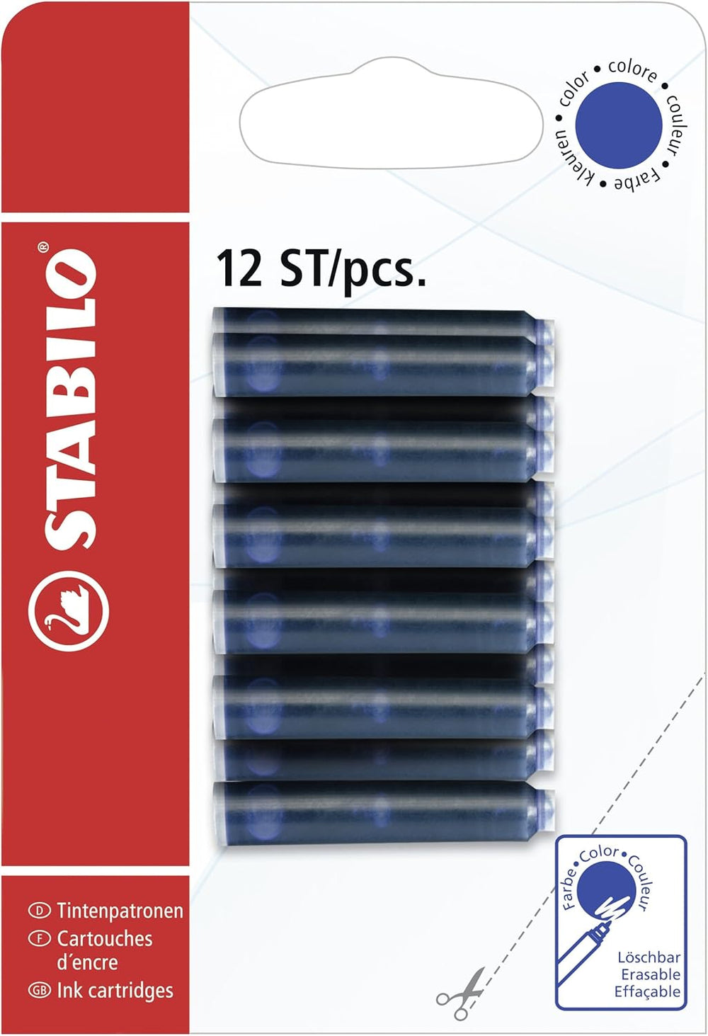 Pack of 12 blue Stabilo ink cartridges for pens, shown with multiple refills in a cardboard box.