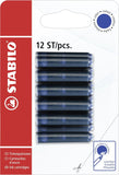 Pack of 12 blue Stabilo ink cartridges for pens, shown with multiple refills in a cardboard box.