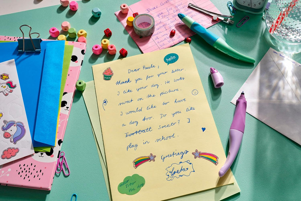 Stabilo Easyoriginal Pastel ergonomic rollerball pen for left-handed writers in cloudy blue color.
