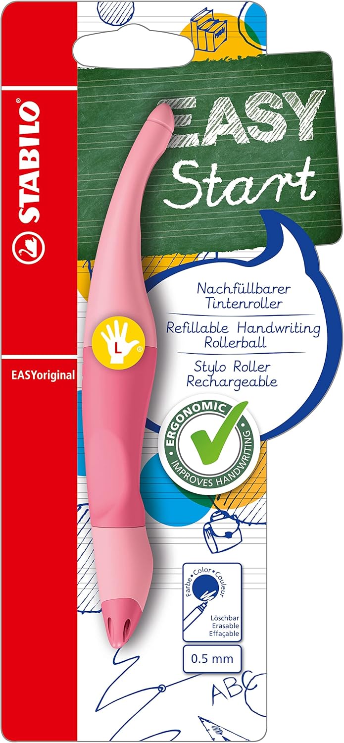 Pink blush Stabilo Easyoriginal ergonomic rollerball pen designed for left-handed writers, with pastel-colored grip and sleek pen body.