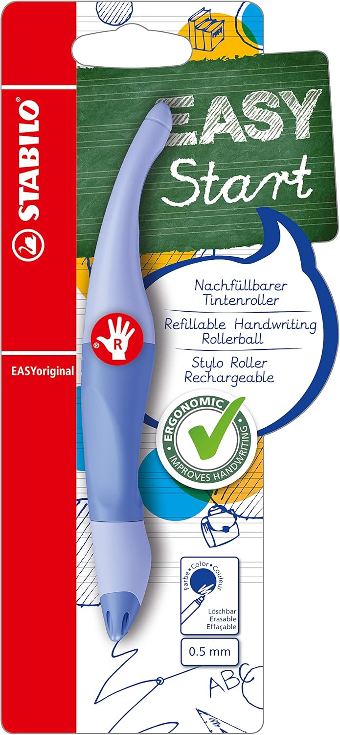 Stabilo Easyoriginal Pastel ergonomic rollerball pen in cloudy blue for right-handed users with a comfortable grip