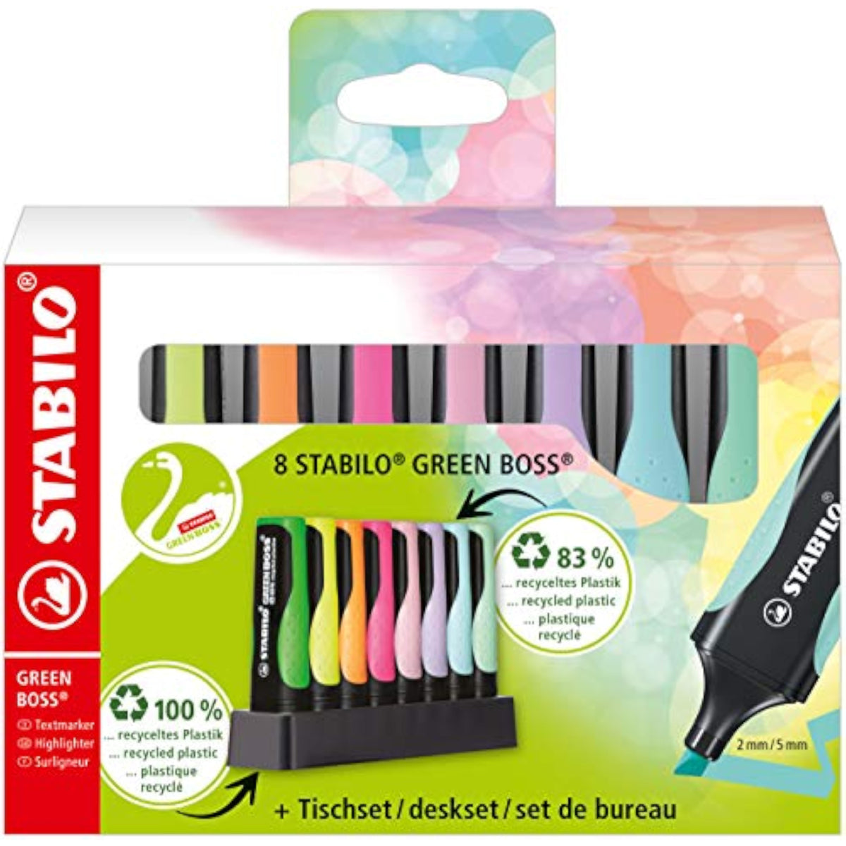 Set of 8 Stabilo Eco-Friendly Highlighters in pastel green, pink, yellow, and blue, arranged on a desk.