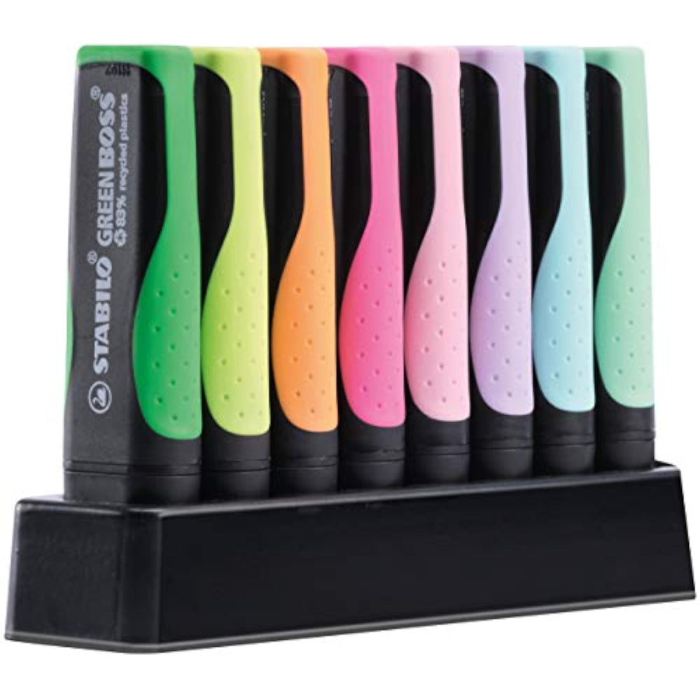 Set of 8 Stabilo Eco-Friendly Highlighters in pastel colors, Green Boss Pastel deskset for stationery and highlighting tasks.