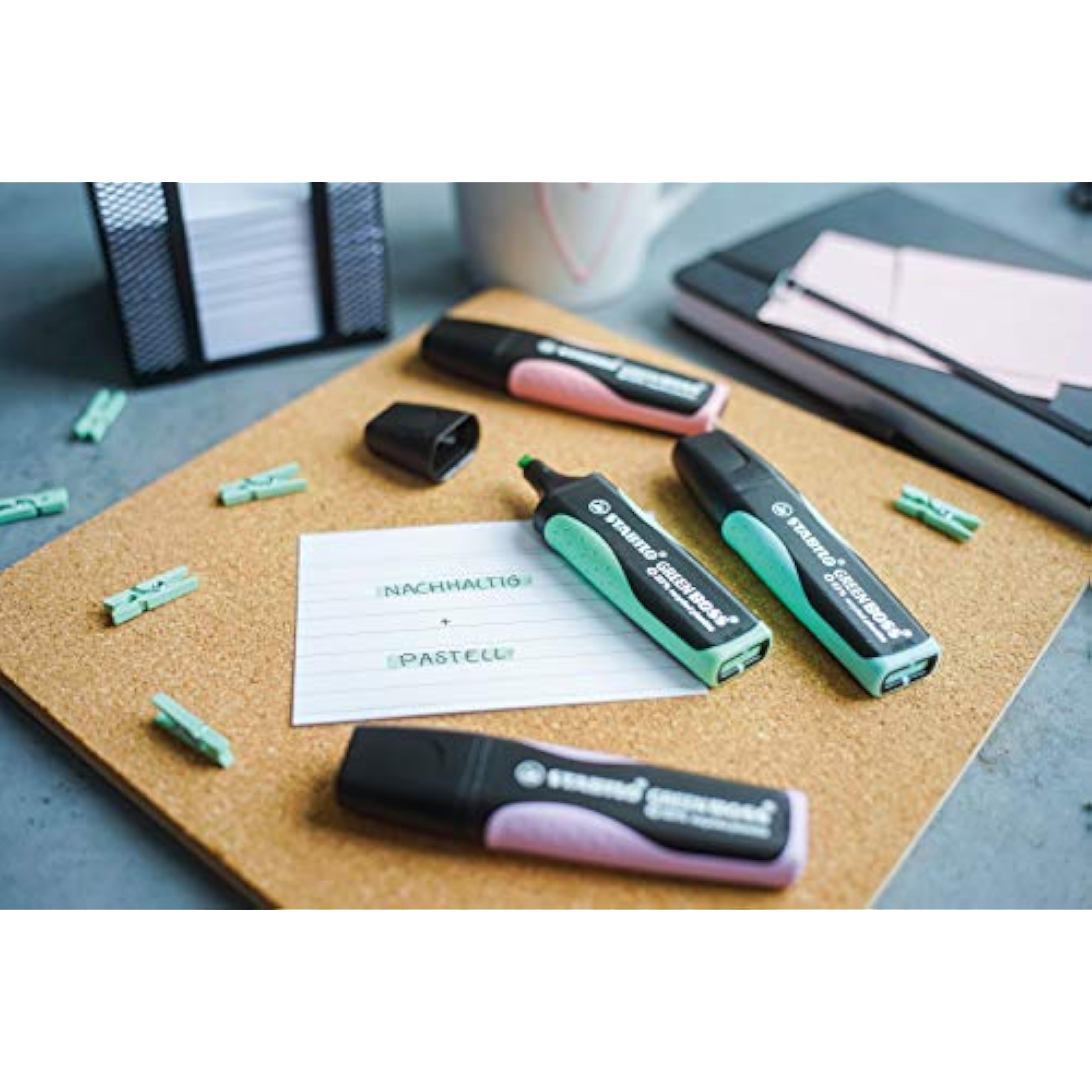 Set of 8 Stabilo Green Boss Pastel eco-friendly highlighters in assorted pastel colors, designed for stationery and note highlighting.