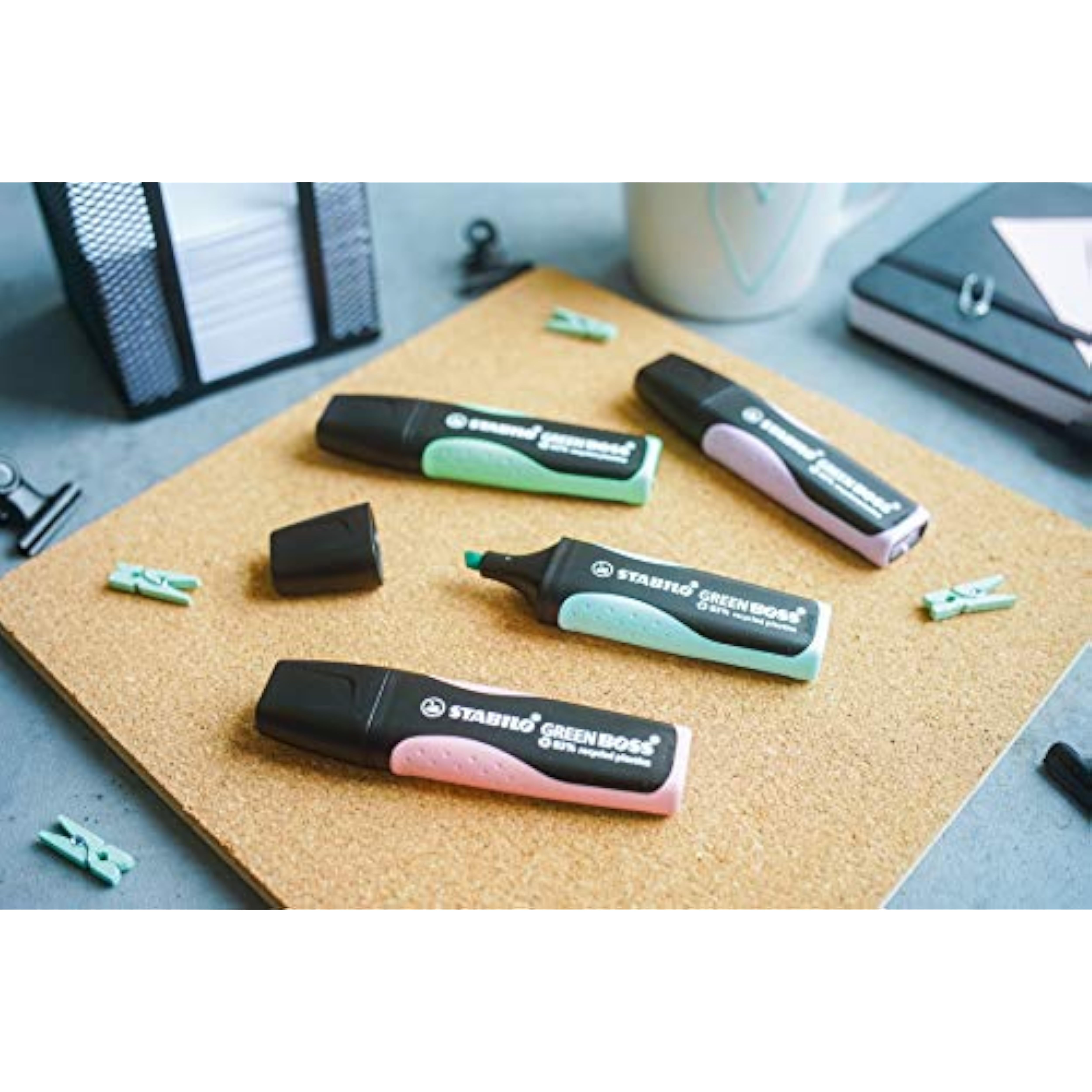 Set of 8 Stabilo Eco-Friendly Highlighters in pastel colors, ideal for stationery and note highlighting.