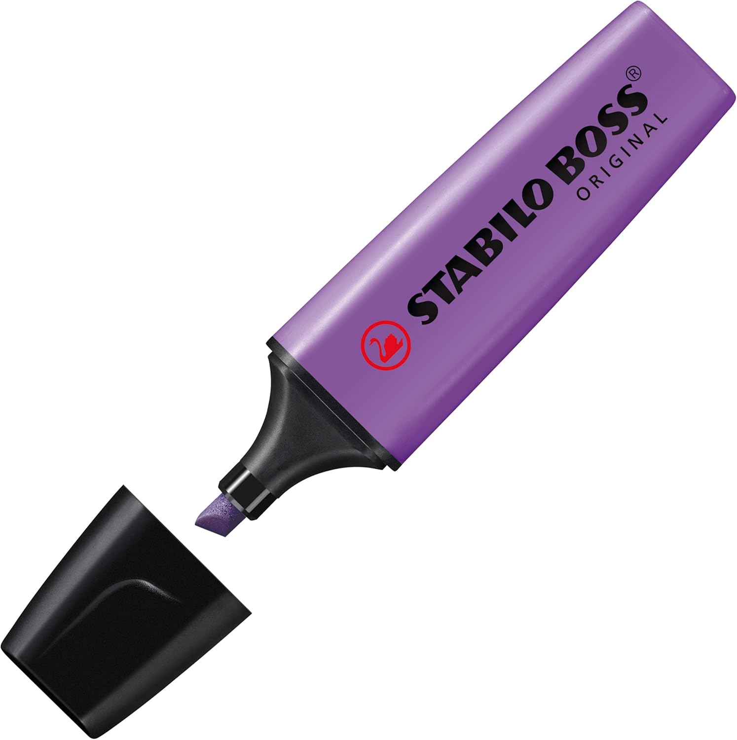 Lavender Stabilo Boss Original highlighter from Stabilo, with a chisel tip and bright lavender ink for highlighting text and notes.