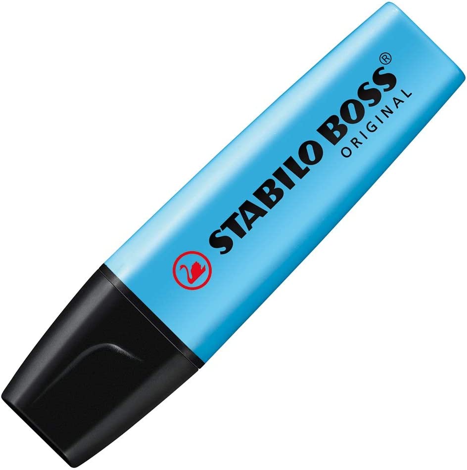 Stabilo blue highlighter from stationery collection, featuring a vibrant blue ink and ergonomic design for easy highlighting.