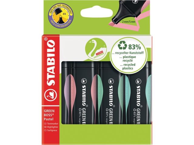 Stabilo Green Boss highlighters in pastel colors, assorted pack of 4, stationery highlighters for marking and highlighting notes.