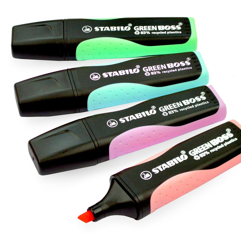 Assorted pastel green Stabilo Green Boss highlighters in a pack of four, ideal for stationery and highlighting tasks.