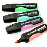 Assorted pastel green Stabilo Green Boss highlighters in a pack of four, ideal for stationery and highlighting tasks.