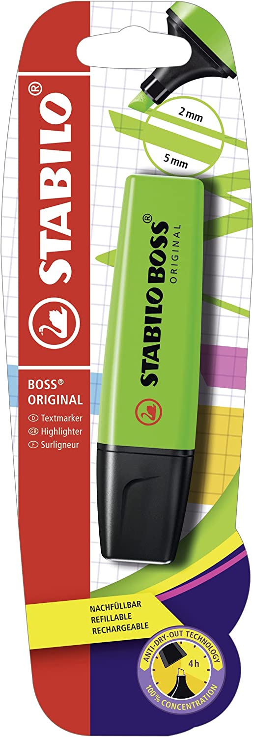 Stabilo green highlighter pen for stationery, featuring a chisel tip and vibrant green ink for highlighting text on paper.