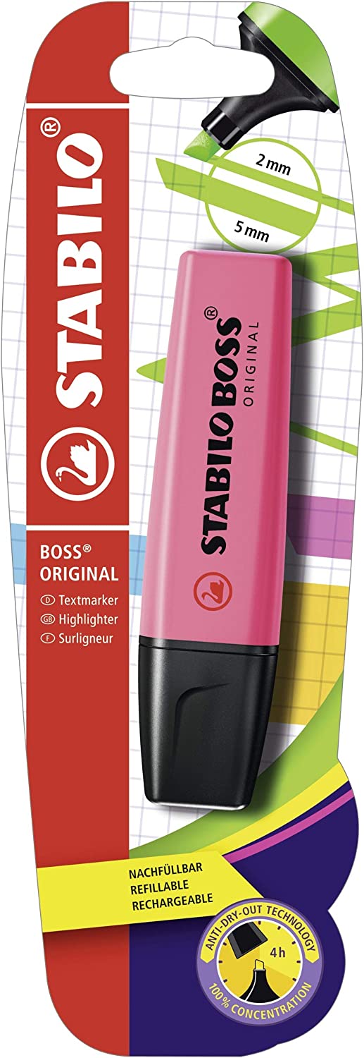 Pink Stabilo highlighter from the stationery collection, featuring a chisel tip and vibrant ink for marking and highlighting text.