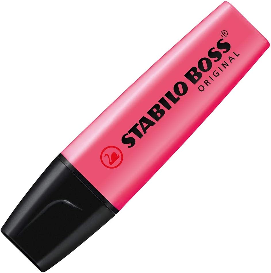 Stabilo pink highlighter from stationery collection with a clear cap and chisel tip, ideal for marking text and notes.