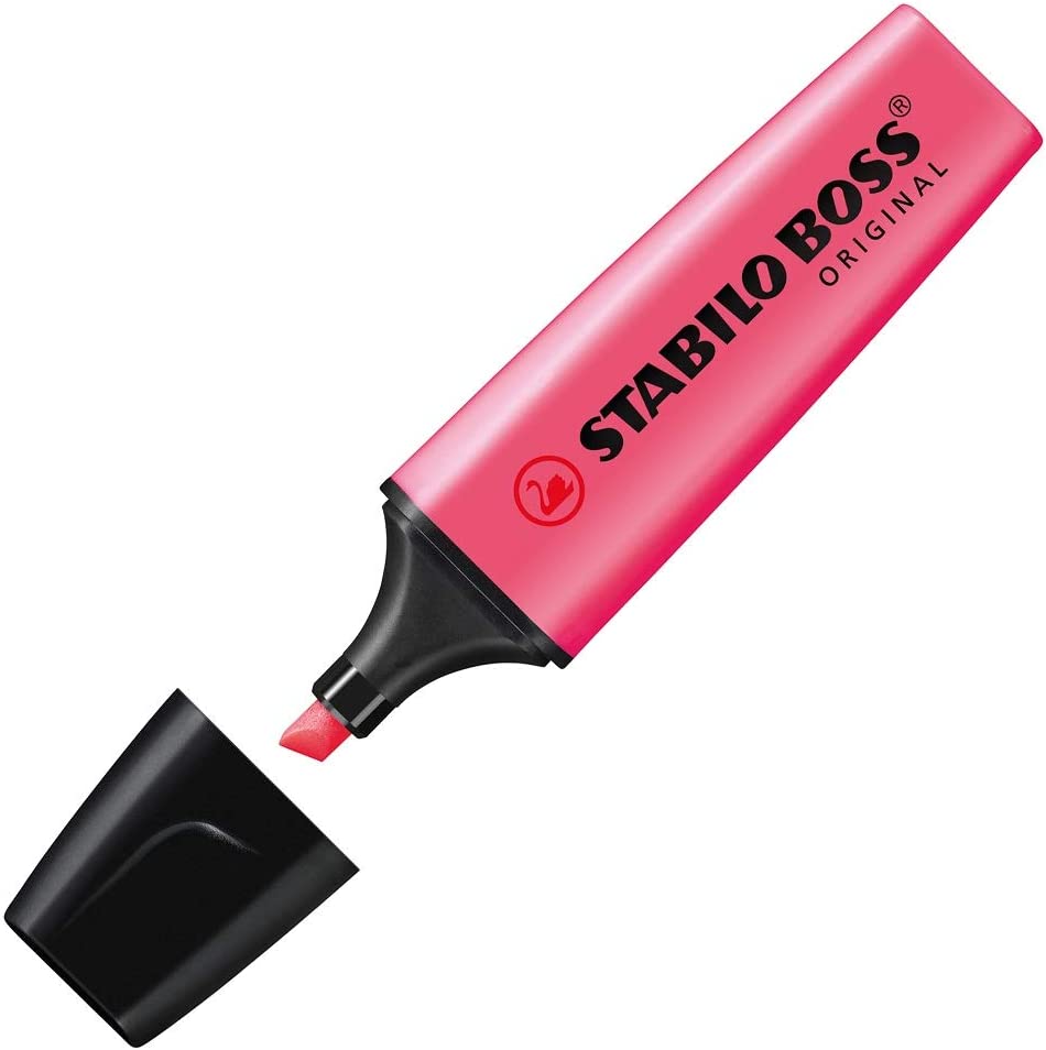 Pink Stabilo highlighter with chisel tip and ergonomic design, ideal for marking and emphasizing text in stationery use.