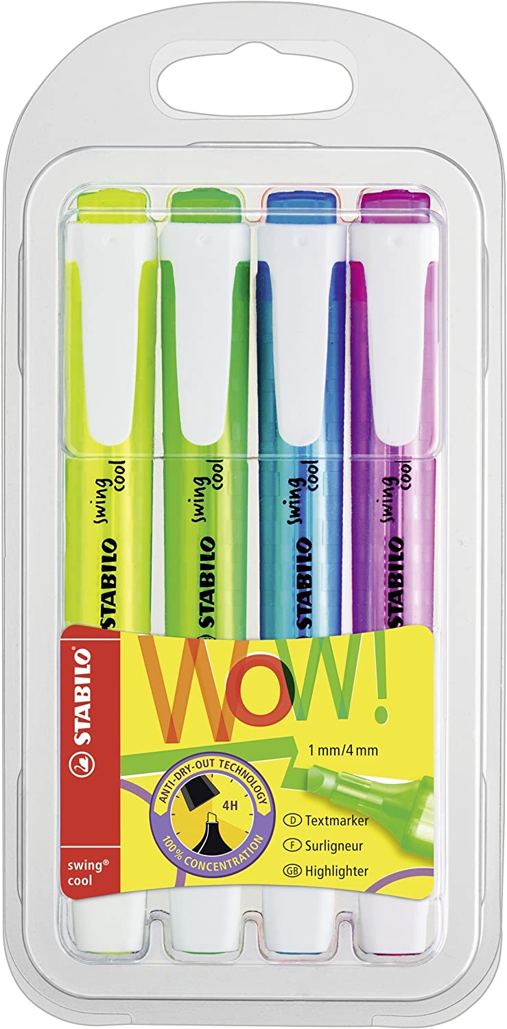 Set of 4 Stabilo Swing Cool assorted color stationery pens, featuring vibrant ink colors in a compact pack.