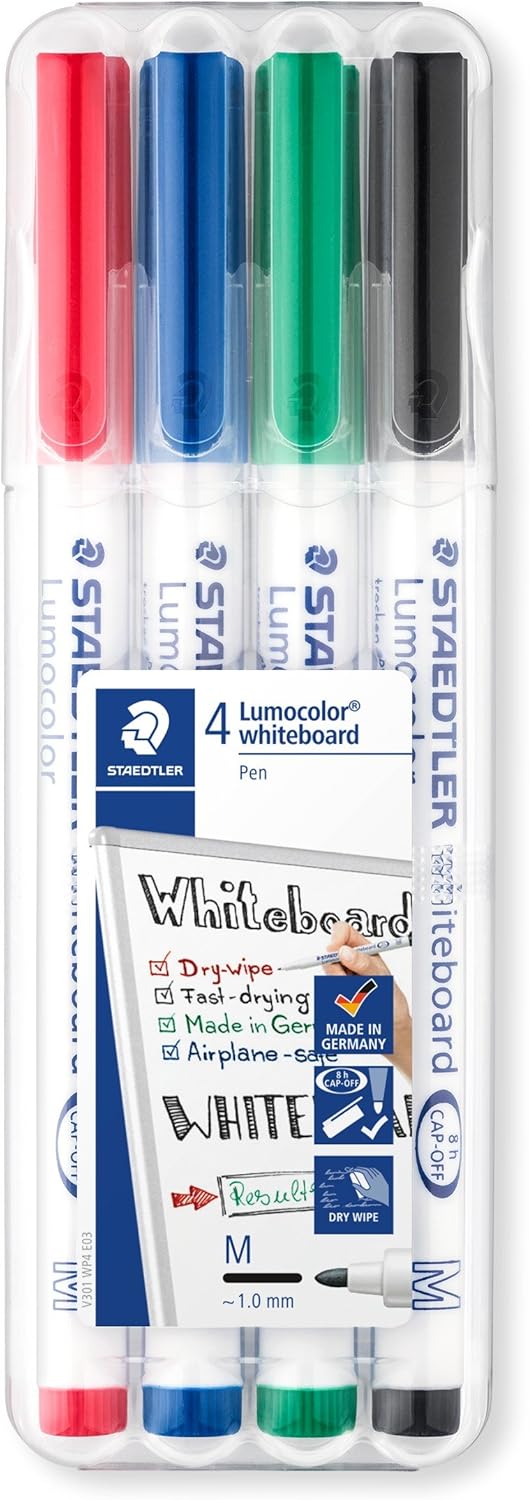 Box of four Staedtler Lumocolor 301 whiteboard pens in assorted colors, ideal for smooth writing on whiteboards.