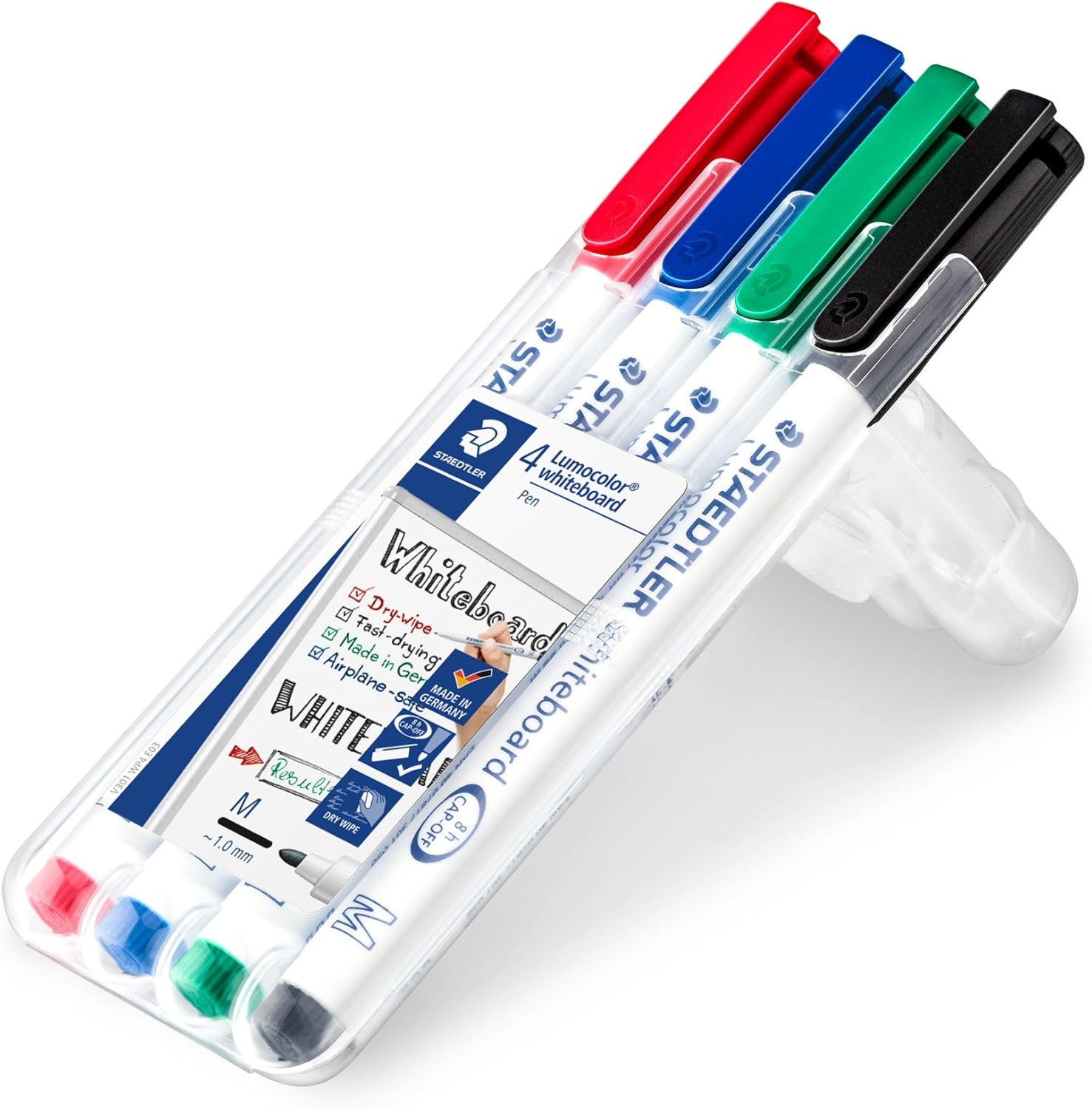 Box of four Staedtler Lumocolor 301 whiteboard pens in assorted colors, featuring fine tips for smooth writing on whiteboards.