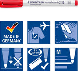 Set of four Staedtler Lumocolor 301 whiteboard pens in assorted colors, ideal for marking and writing on whiteboards.