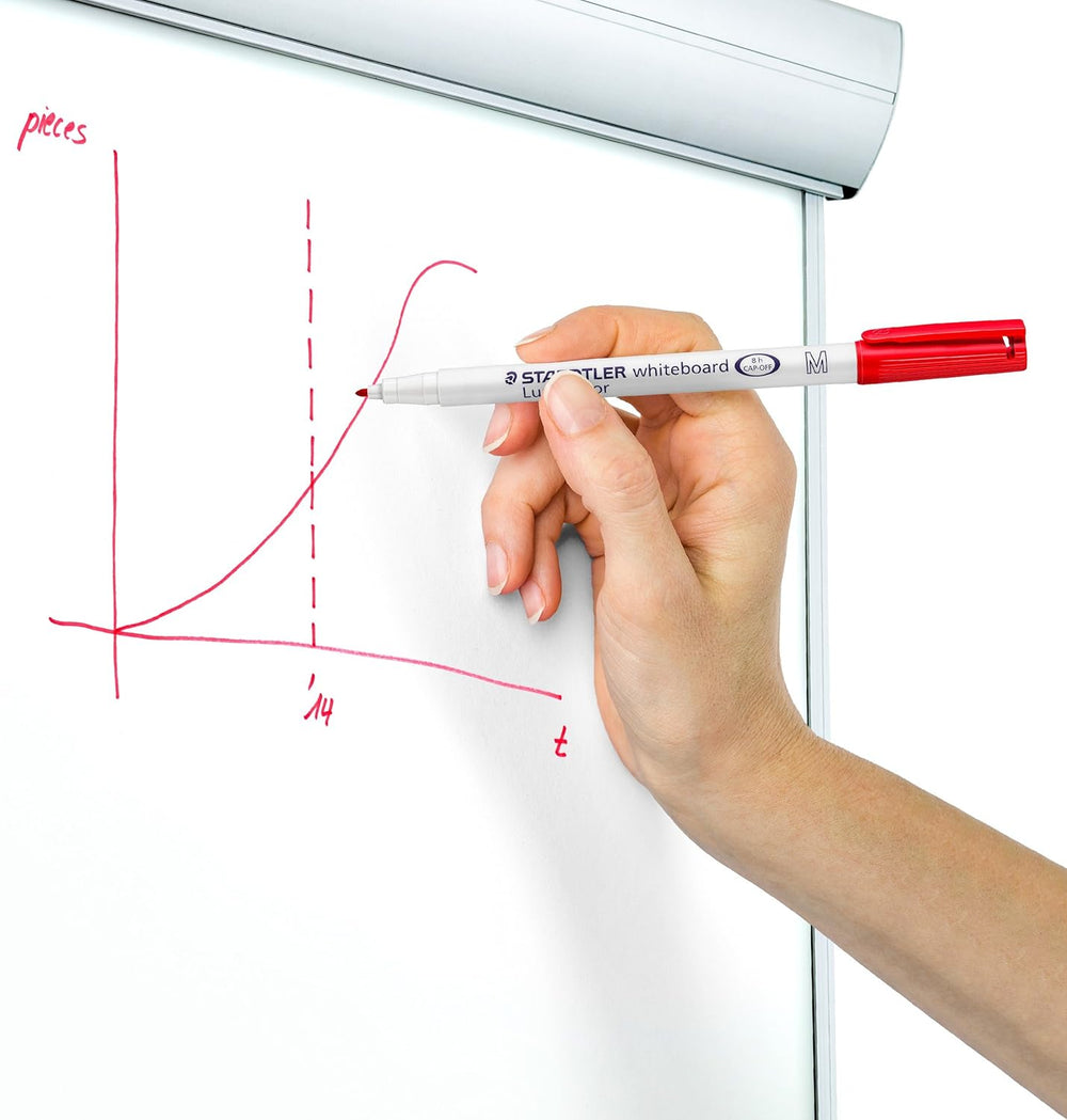 Set of four Staedtler Lumocolor 301 whiteboard pens in assorted colors, ideal for classroom or office use.