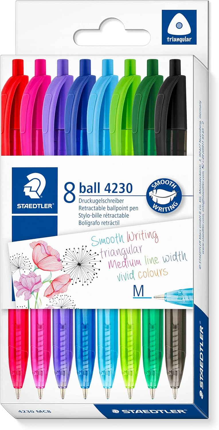 Set of 8 Staedtler retractable rainbow ballpoint pens in assorted colors, featuring colorful ink barrels and clip caps.