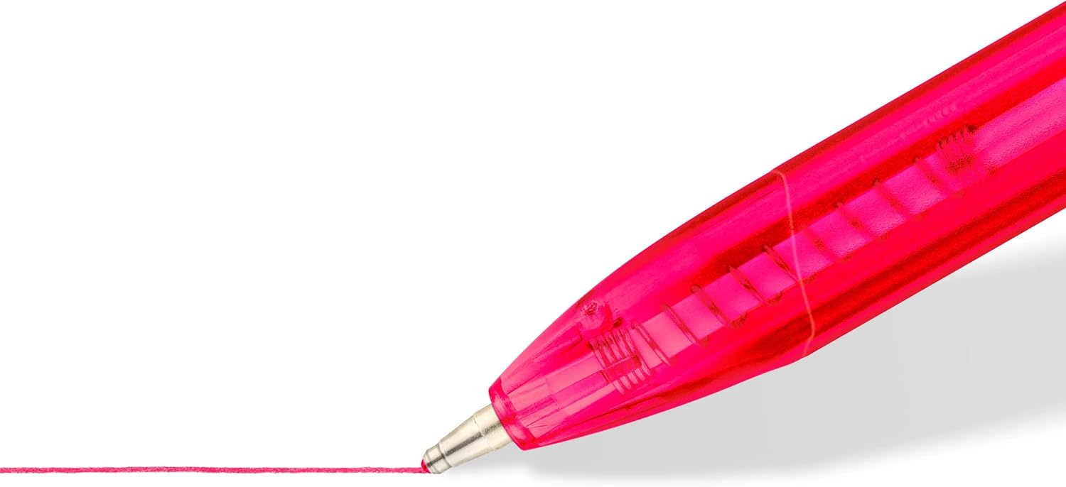 Set of 8 Staedtler 4230 MC8 retractable rainbow ballpoint pens in assorted colors, featuring colorful plastic barrels and clips.