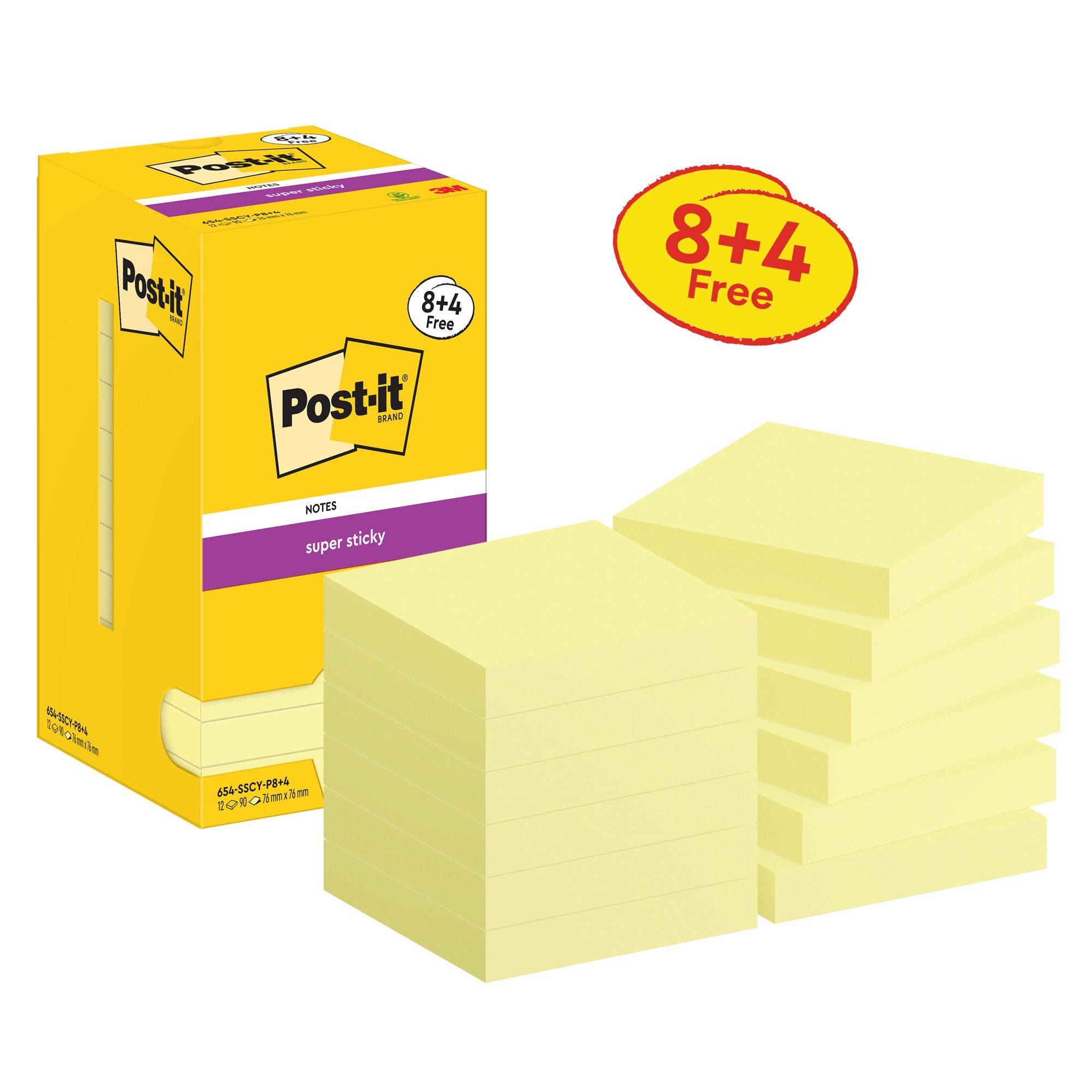 Post-it Super Sticky Notes 76x76mm Canary Yellow Promo Pack 90 Sheets per Pad (Pack 8 + 4 Free) - 7100290174