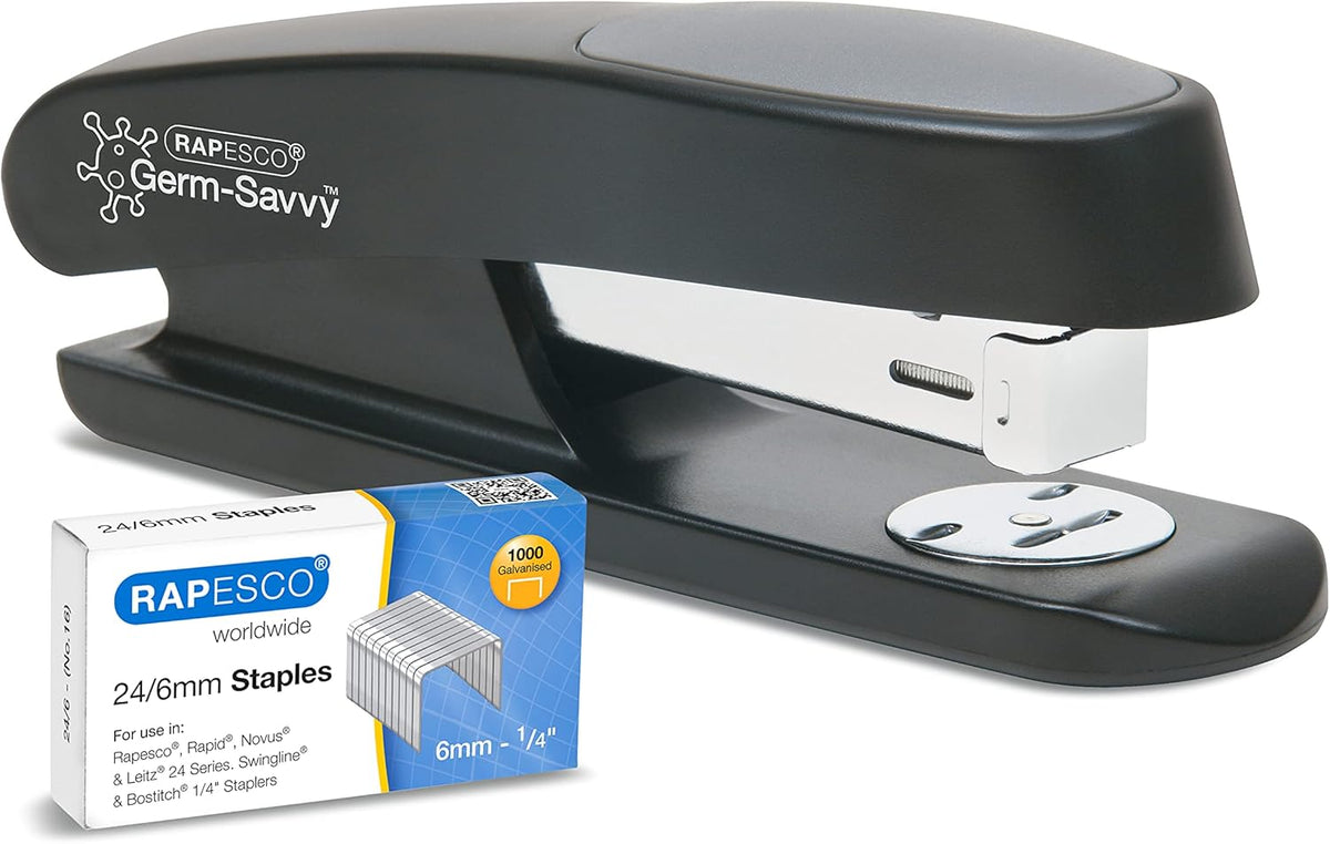 Rapesco Germ-Savvy™: ECO Sting Ray Half Strip Stapler incl. 1000 x 24/6mm Staples - Black