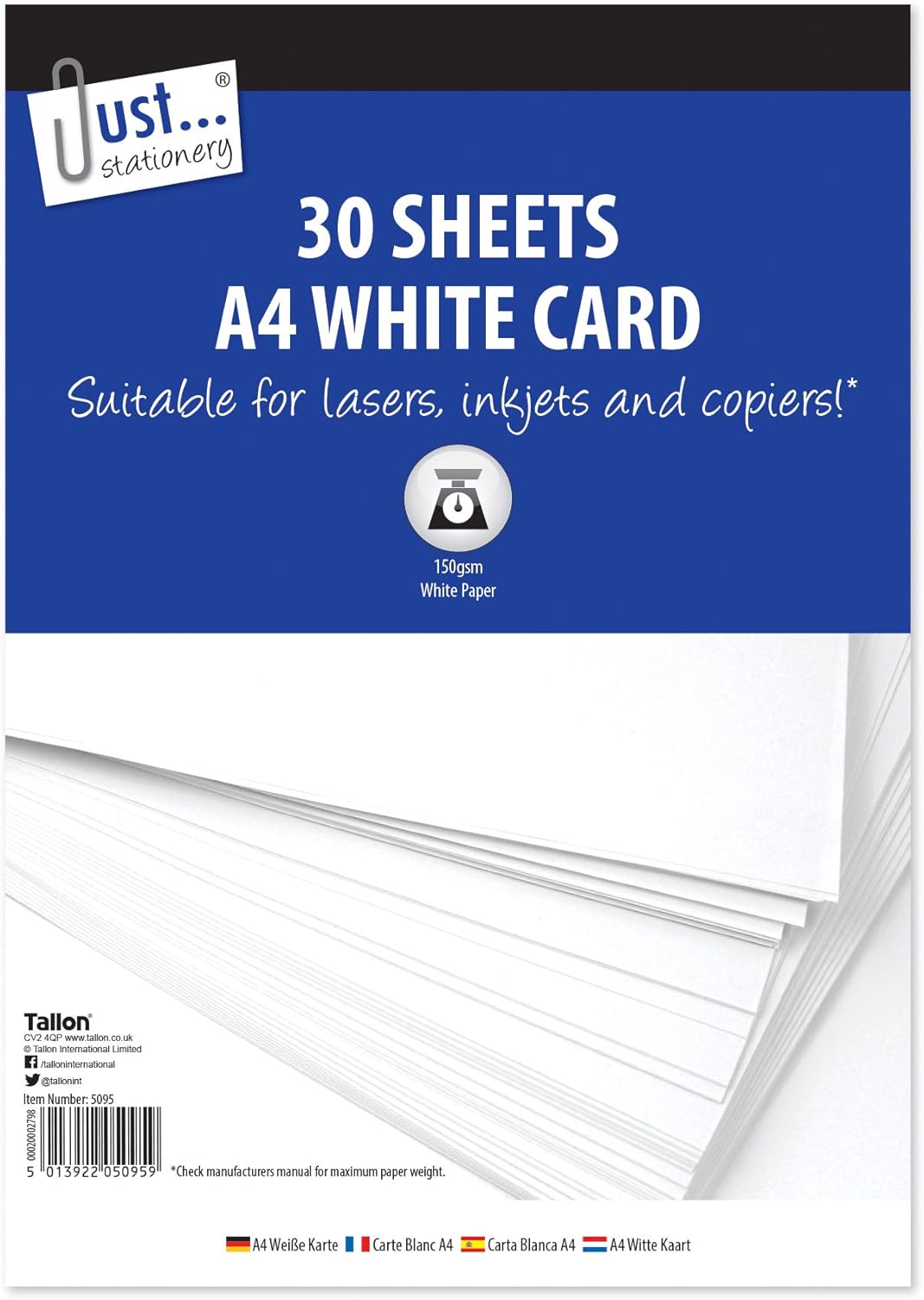 White A4 cardstock by Tallon, 150gsm, 30 sheets of high-quality card and specialist paper for crafting and printing projects.