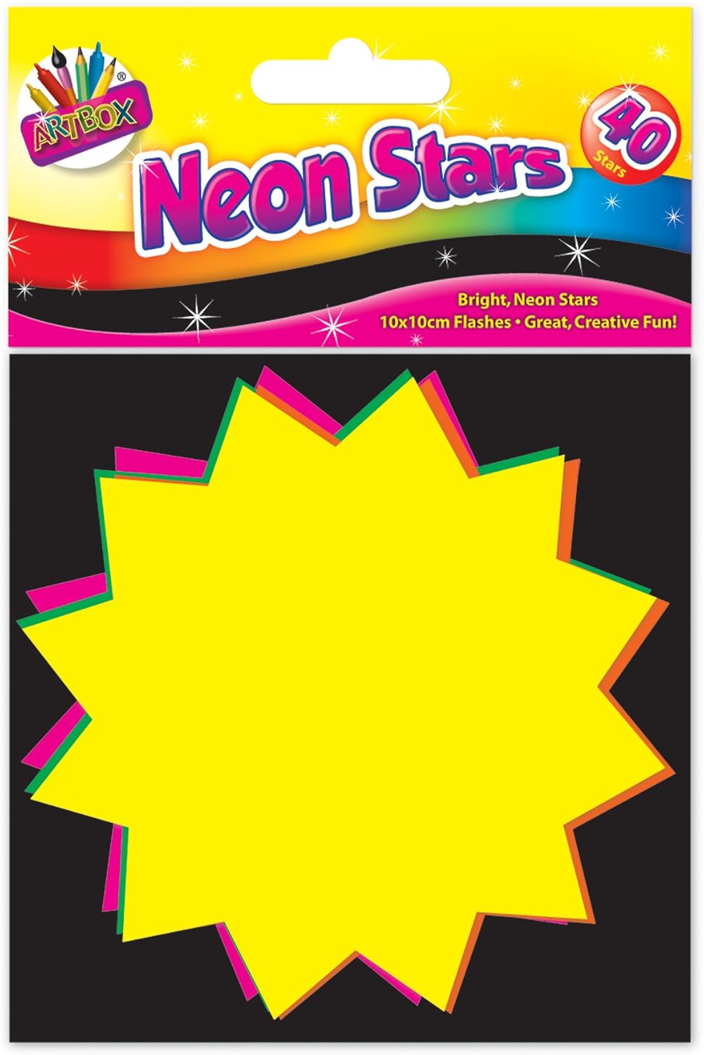 Bright fluorescent stars from Tallon, 10x10 cm craft supplies, perfect for decorating projects and creative displays.