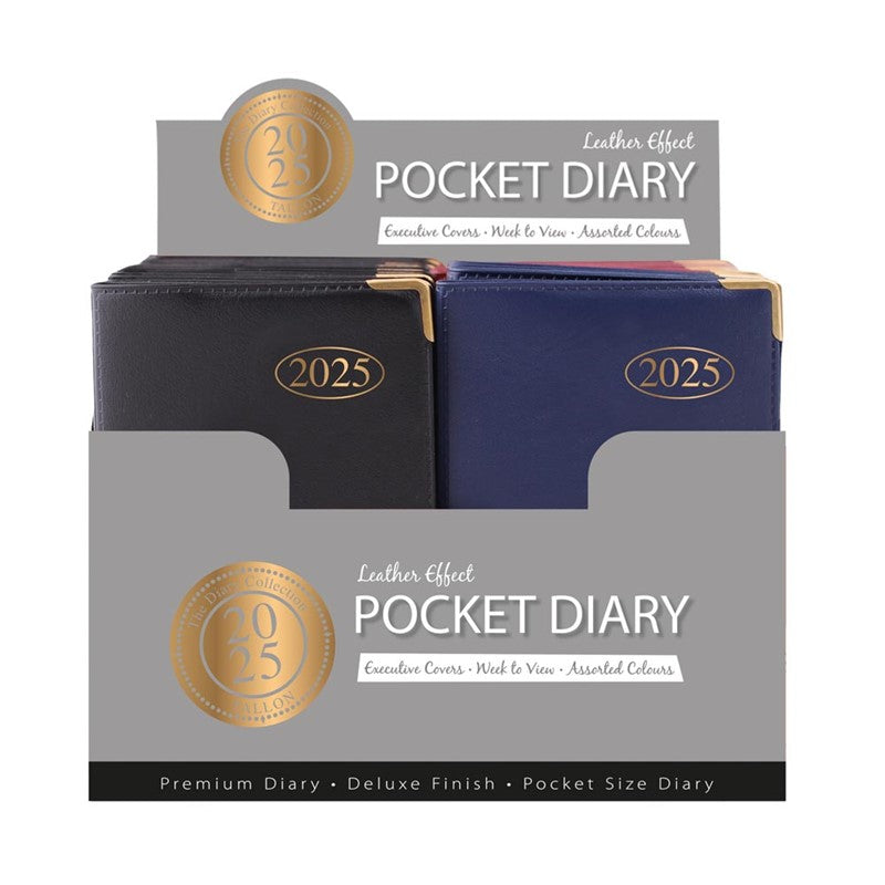 Tallon 2025 week-to-view economy pocket diary with date grid, compact design, black cover, and weekly layout for scheduling.