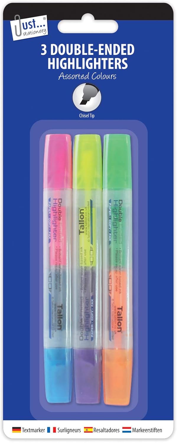 Set of three Tallon Double-Ended Highlighters in six bright colors, showcasing their vibrant ink tips and sleek design.
