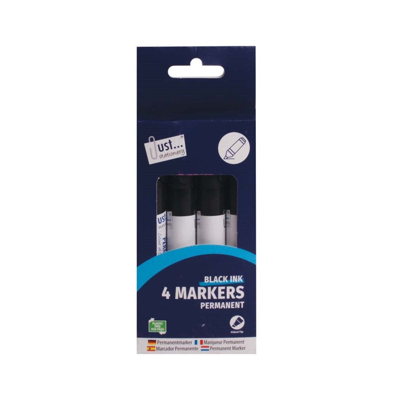 Set of four Tallon black permanent markers with chisel tips, ideal for writing and drawing on various surfaces.