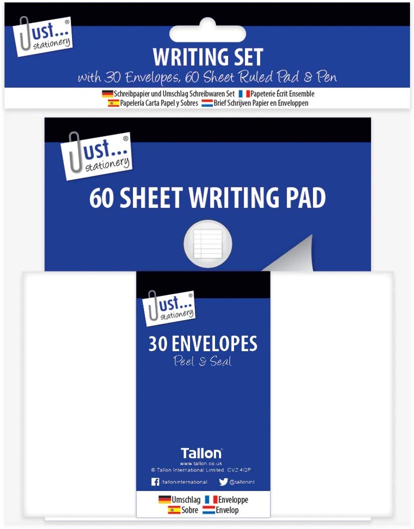 Tallon Writing Set includes a 60-sheet notebook, 30 envelopes, and a pen for writing and correspondence.
