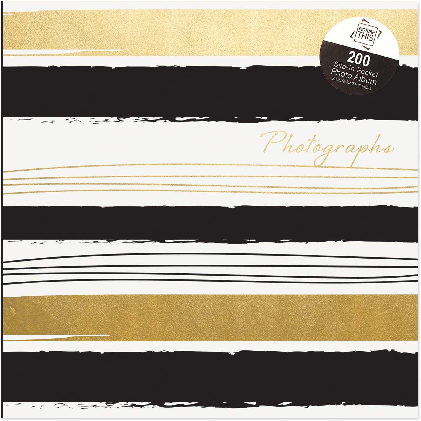 Tallon black and gold striped 6x4 photo album with memo slip, holds 200 photos, ideal for office or home photo storage.