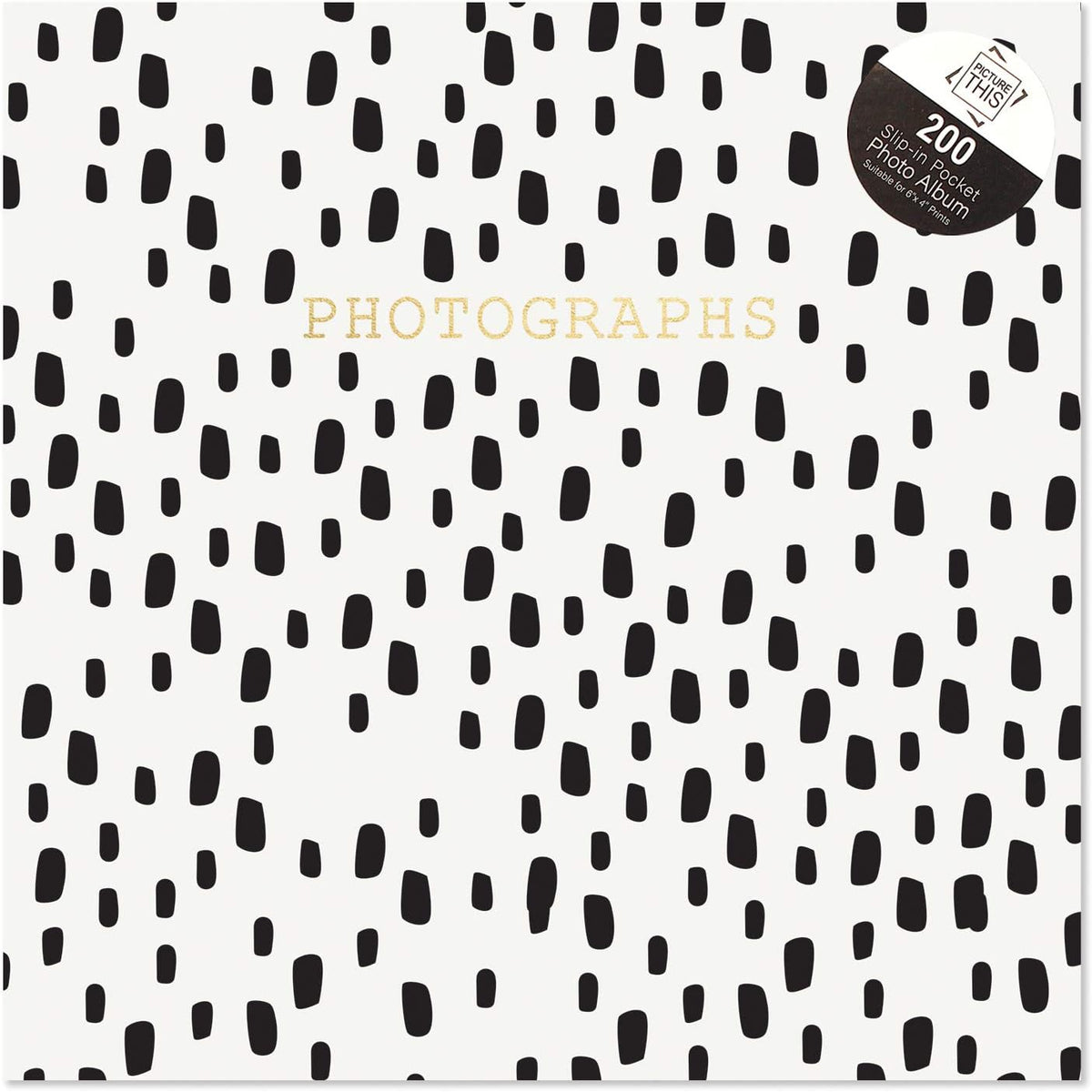 Tallon white photo album with black spots, 6x4 size, holds 200 photos, featuring memo slip, ideal for office or personal use.
