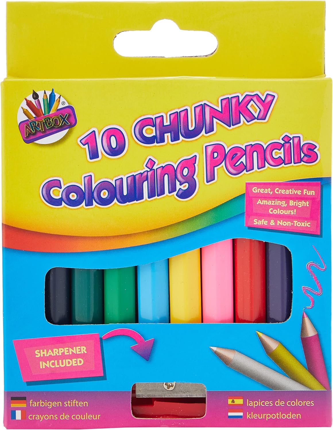 Tallon 10 chunky half-size coloring pencils with sharpener, featuring vibrant colors and sturdy wooden design.